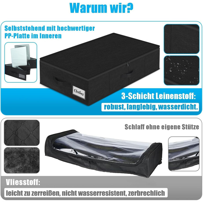 Коробки для зберігання під ліжко з кришкою, 2 шт, складані, для одягу та ковдр, 76x38x17 см (Чорний)