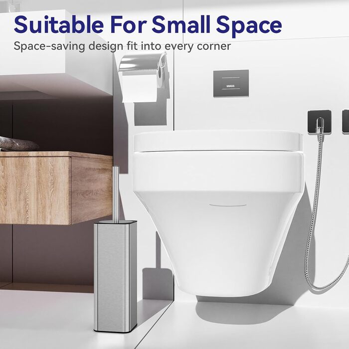 Набір для чищення унітазу DOWRY з тримачем, 2 насадки, металева щітка та тримач, для ванної кімнати, срібляний, прямокутний