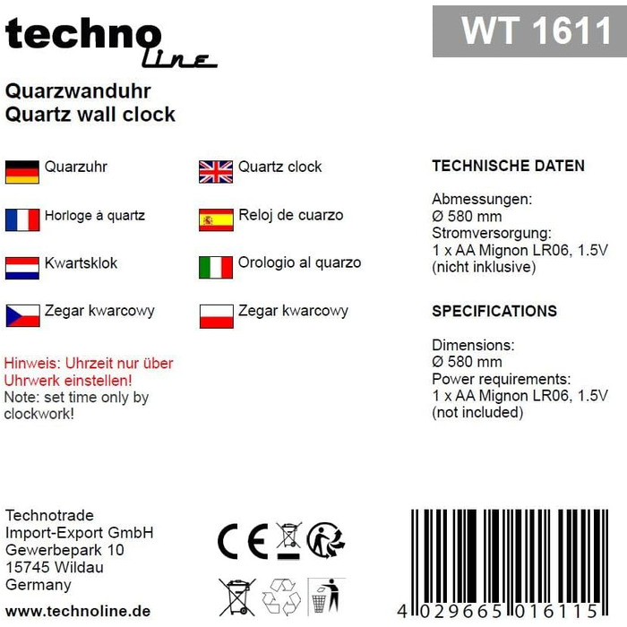 Technoline WT1611 Large Analog Wall Clock WT 1611, quartz, Technoline, Metal/MDF, brown, Ø 58 cm