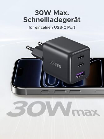 Зарядний пристрій UGREEN 30W USB-C з 3 портами GaN II для iPhone, iPad, Galaxy, Pixel - Швидка зарядка PD
