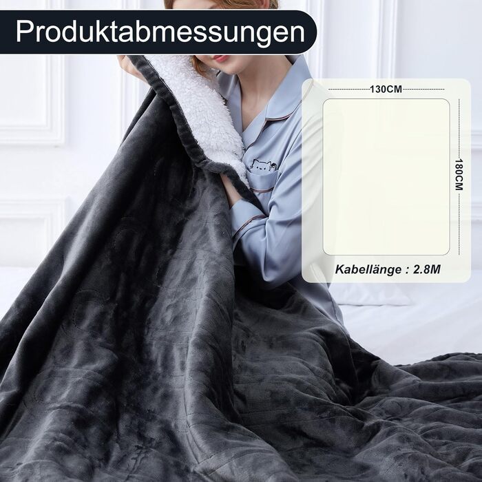 Електрична ковдра Netraty з автовимкненням 130x180 см, 8 режимів нагріву, таймер 1-12 годин, захист від перегріву, пральна машина, фланель-шерпа, сіра для дому та офісу