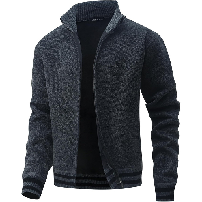 Чоловічий светр з кишенями та коміром-стійкою, флісова підкладка, кардиган, повсякденний зимовий светр, куртка на блискавці, теплий, манто (сірий, L)