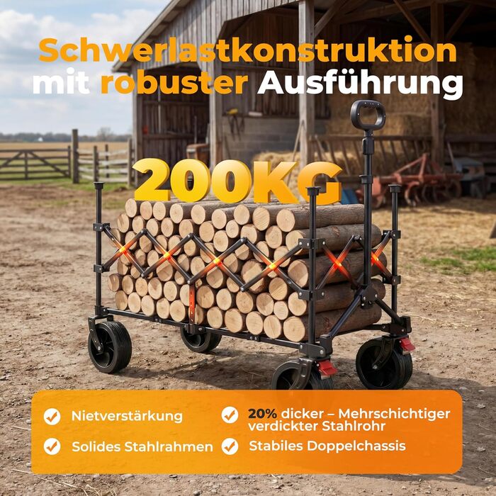 Візок пляжний складний Bollerwagen 200л, 200кг, чорний - для кемпінгу, пляжу, відпочинку на природі. З дощем, гальмами, широкими колесами