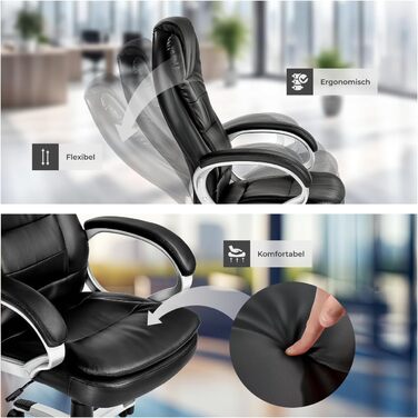 Офісне крісло tectake - ергономічний кухонний стілець з високою спинкою, регульована висота, поворотний, з механізмом гойдання, чорний (400578)