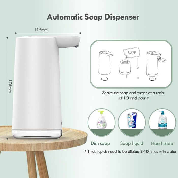 Frohsun Automatic Soap Dispenser - Rechargeable, Touchless, Motion Sensor, 350ml Capacity, Adjustable Foam Volume, IPX7 Waterproof - for Kitchen, Bathroom & Hotel Use (White)