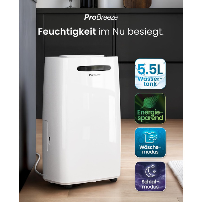 Про Breeze - відбійник повітря 20 л/24 год. Підходить для приміщень до 30 м². 4 режими роботи, цифровий дисплей, шланг для зливу, функція сушіння білизни, таймер. Захист від вологи та плісняви.