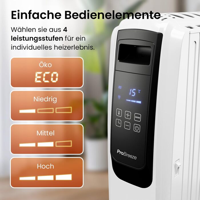 Радіатор масляний Pro Breeze Premium 2500W з цифровим дисплеєм та пультом дистанційного керування, 10 ребер, 4 режими, таймер, термостат, захист від перегріву
