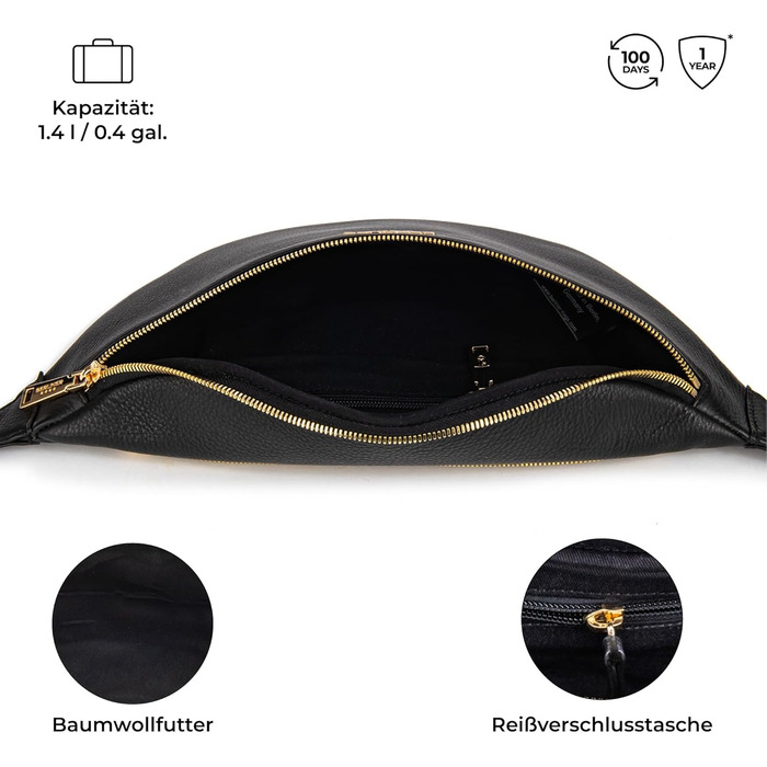 Чоловіча/жіноча поясна сумка Berliner Bags Preiu, шкіряна кросбоді сумка, XL (Чорний / Золотий)