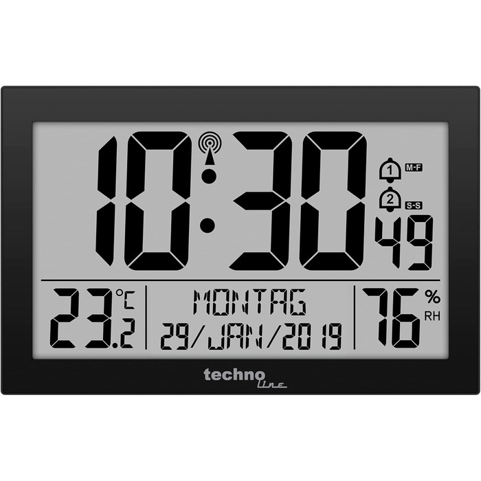Technoline WS 8016 Modern Digital Radio Wall Clock with Temperature Display, Plastic, White, 225 x 143 x 24 mm WS8016WEISS (Black, Single)