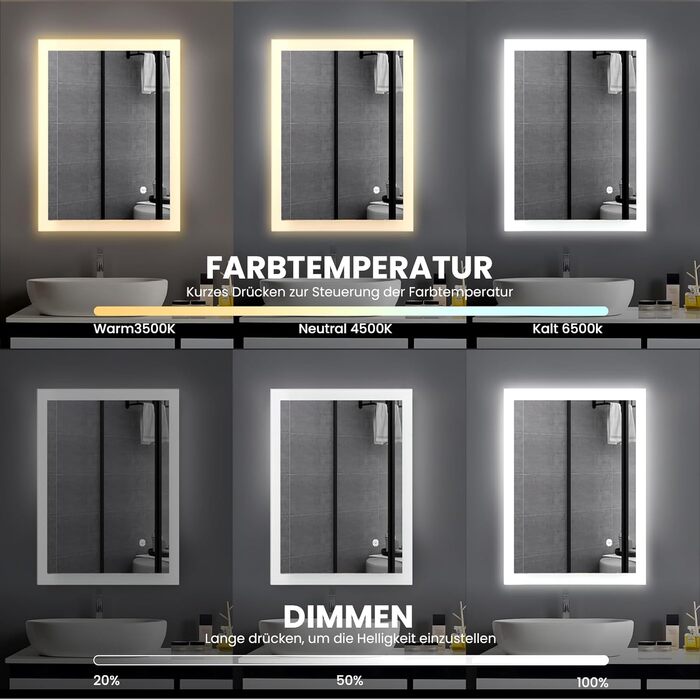 Дзеркало для ванної кімнати з підсвічуванням 70x50 см | LED дзеркало | IP54 вологостійке | Сенсорне управління | Настінне дзеркало | Горизонтальна/Вертикальна установка 6500K холодне біле світло