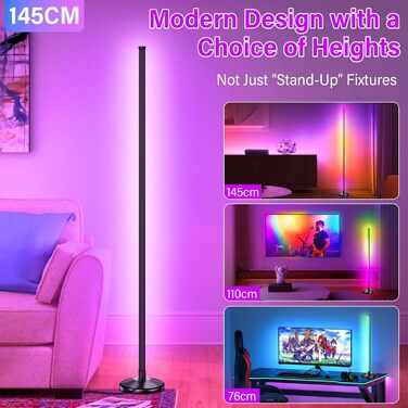 LED торшер для вітальні 145 см RGB, диммування, керування пультом/APP, 16 млн кольорів, 300 режимів, музичний режим, DIY, чорний