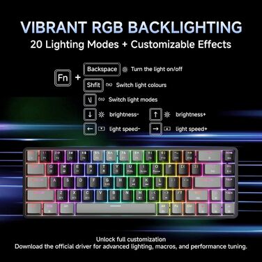 Dierya DK68 - Бездротова ігрова клавіатура з RGB підсвічуванням (68 клавіш, механічні перемикачі Red, QWERTY, Grey-Black)