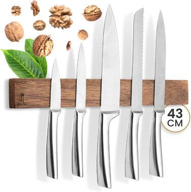 Magnetic Knife Strip, Wood, Self-Adhesive, No Drilling Required - XL Knife Strip for up to 10 Knives - 43x6.2cm - [ROCK SOLID] - Magnetic Knife Block made of Walnut Wood for the Kitchen - Magnetic Knife Holder