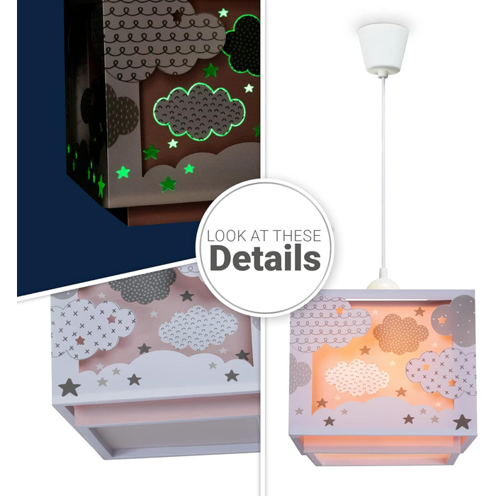 Paco Home Pendant Lamp Children's Room Ceiling Lamp Chandelier Lampshade Fabric E27 Lion Jungle Glow-in-the-Dark (Clouds, Pink)