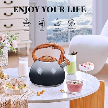 Чайник для плити GGC з регулятором рівня води 3.1 л / 3 л, з свистком, градієнт кольору сірий/чорний, з дерев'яною ручкою, з нержавіючої сталі для дому