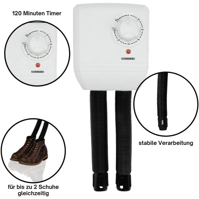 Melissa 16540009 Electric Shoe Dryer, Shoe Warmer for Boots, Rubber Boots and Gloves, Dryer for Hiking Shoes or Ski Boots, Heater with Fan and Timer for 1 Pair of Shoes