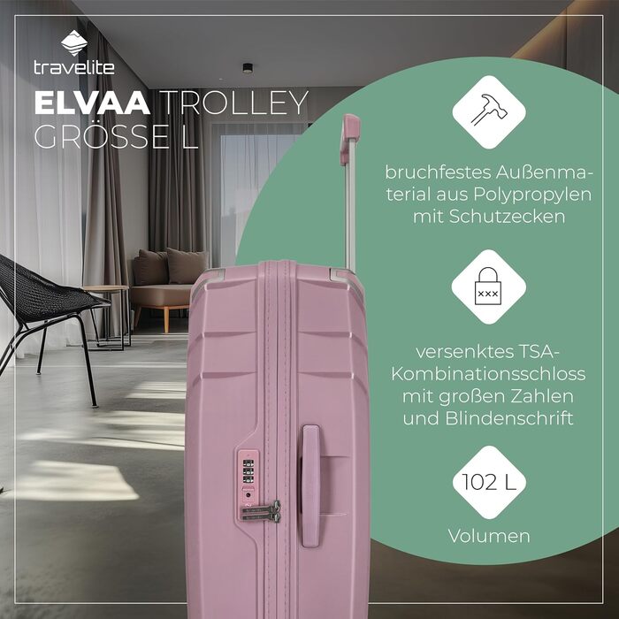Чемодан Travelite ELVAA Rosé 66 см, 72-77 л з розширювальною блискавкою, TSA-замком та внутрішньою підкладкою з перероблених матеріалів