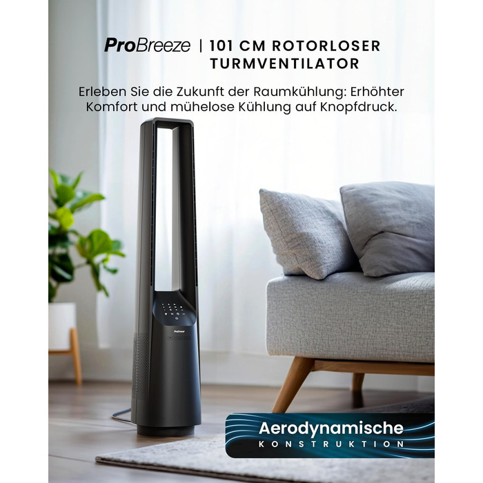 Вентилятор Pro Breeze 101 см з ротором, осцилюючий, з пультом, LED-дисплеєм, 6 швидкостей, тихий, 5 режимів, авто-обертання 60°, таймер 7 год, чорний