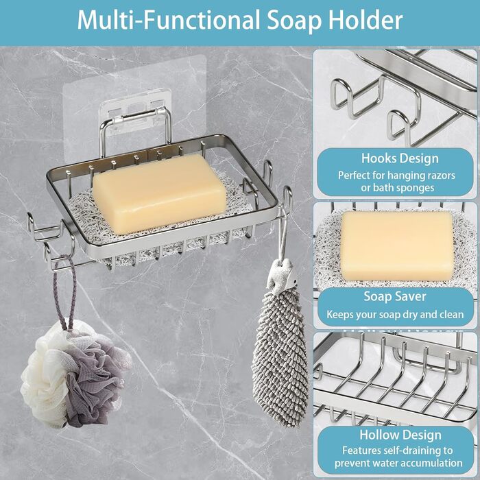 Набір з 2 шт. тримач для мила з нержавіючої сталі 304, для душу та ванної кімнати, кріплення без свердління, з гачком та підставкою для мила, срібний колір