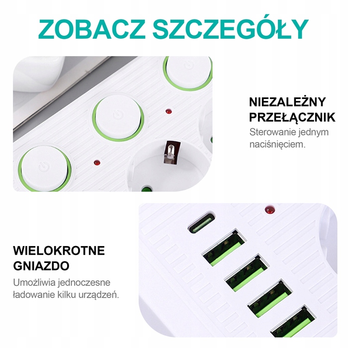 Мережевий фільтр (подовжувач) 2м: 5 розеток, 4 USB та 1 USB-C, з окремими вимикачами для кожного гнізда