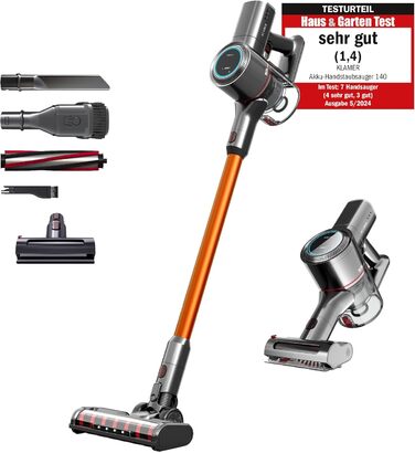 Акумуляторний пилосос KLAMER 2-в-1: вертикальний та ручний, час роботи до 45 хв, HEPA-фільтр для килима, авто та твердих поверхонь, сірий/помаранчевий, 2 акумулятори (по 45 хв)