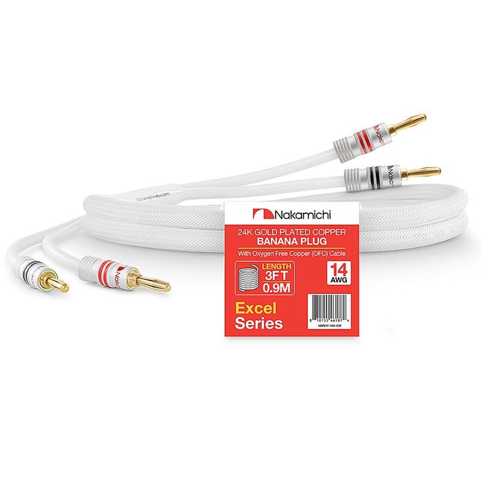 Акустичний кабель Nakamichi 12AWG з 24K позолоченими банановими роз'ємами, 3м, безкиснева мідь (OFC), в обплетенні, чорний — для домашнього кінотеатру та підсилювача