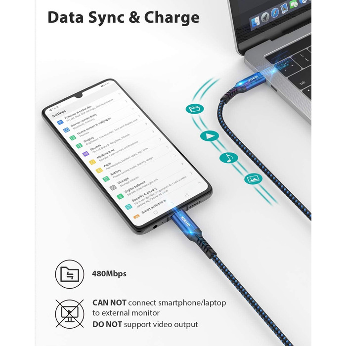 Кабель USB-C Nimaso [2 шт., 2м], 20V/3A/60W, для Samsung, Google Pixel, MacBook, iPad, iPhone, блакитний