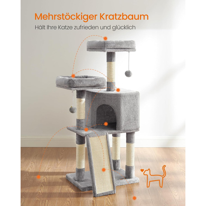 Дряпальня для котів Feandrea, кігтеточка з платформою, м'який плюш, сірий колір, 115 см, повністю обмотана сизалем, 50L x 35B x 115H см