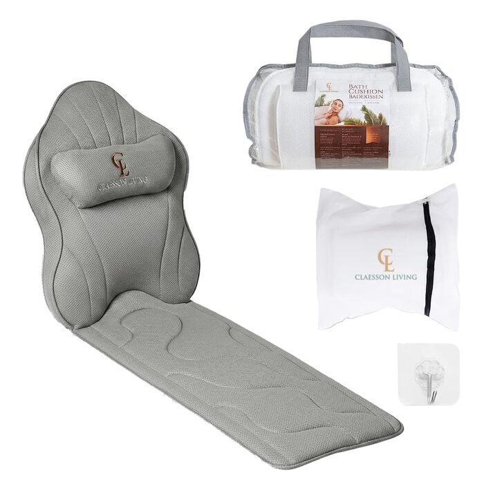 Подушка для ванни повного тіла 126x41см з підголовником - килимок для ванни з підтримкою шиї, спини та ніг. Біла (антрацит). З мішком для прання та гачком для сушки.