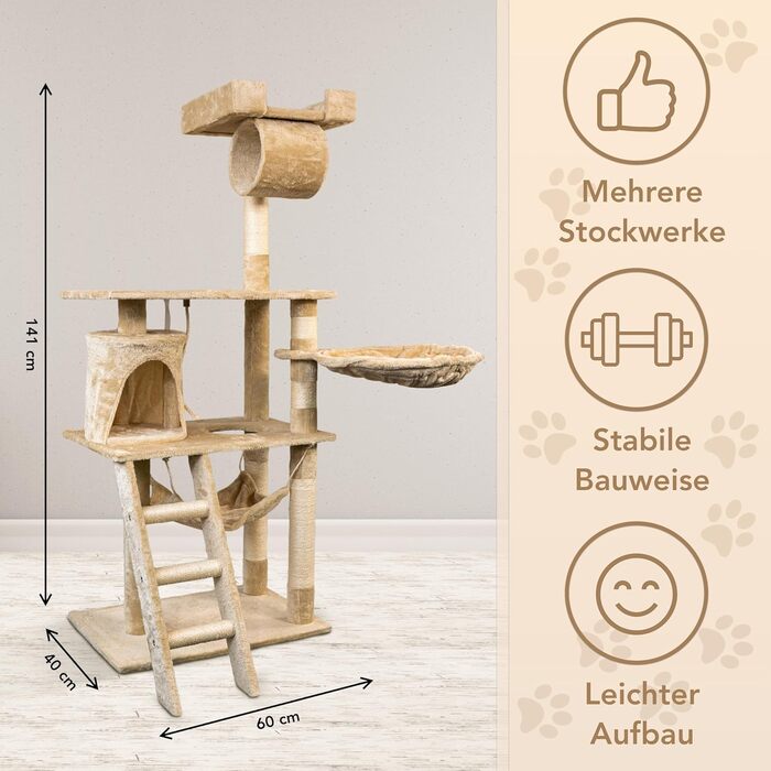 Кігтеточка для котів Foxdevil від xonic® - багатофункціональна кігтеточка з оглядовою платформою, гамаком, затишною печерею, іграшковою шнуркою, сходами – 141 см – (Бежевий V1)