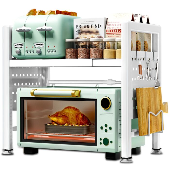 Підставка для мікрохвильової печі, 2-рівнева, розширювана 40-65см, з 6 гачками, для кухонного ножа, біла