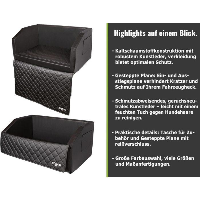 CopcoPet Автомобільне ліжко для собак у багажник, 110x90x38 см, штучна шкіра, захист багажника, водовідштовхувальне, стійке до подряпин, нековзне, міцне з захисним покривалом, чорне, 110 x 90 см