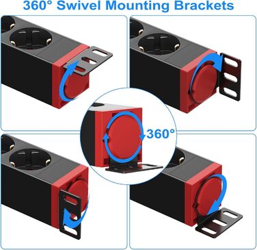 Мережевий фільтр 10 розеток з захистом від перенапруги, з вимикачем та поворотними кріпленнями, чорний, металевий корпус