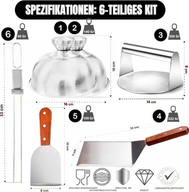 Набір для приготування Smash Burger: прес, сплескач, 2 кришки для плавлення, лопатка та шампури для гриля – подарунок для чоловіків та любителів гриля (6 шт, коричневий)