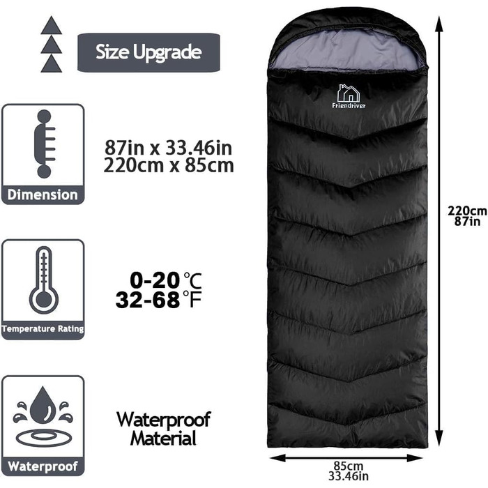Сплячий мішок Friendriver XL, 4 сезони, водонепроникний, для дорослих та дітей, чорний, 86.6' x 33.46'