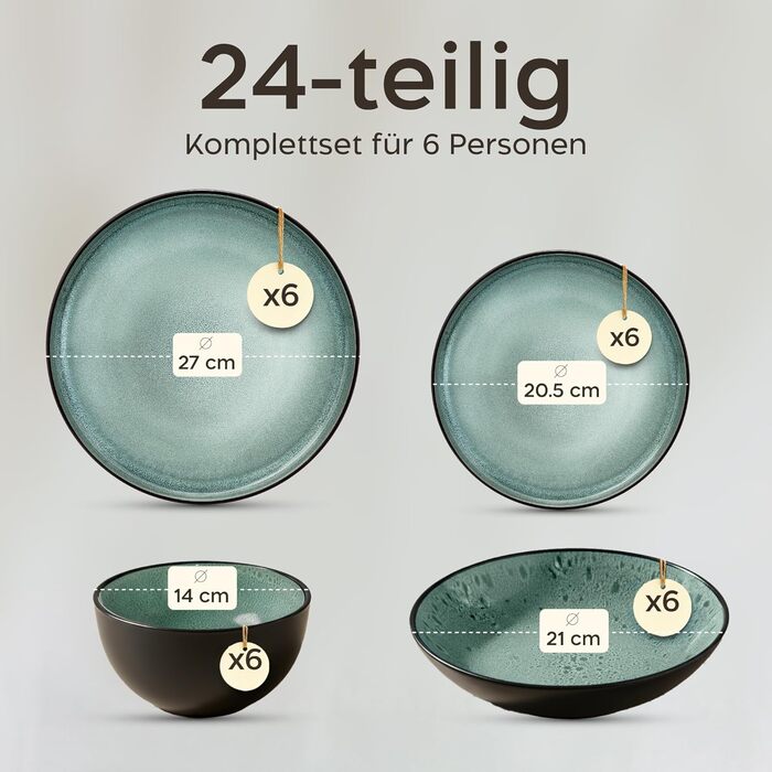 Набір посуду Twinzee Steingut (24 частини) для 6 осіб: тарілки та миски, сервіз з каменю, колекція Riviera Sage
