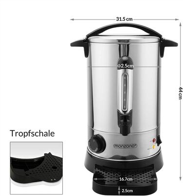 MONZANA® Glühwein Warmer 6.8L with Tap, Drip Tray, Thermostat (30-110°C), Hot Beverage Dispenser, Stainless Steel, Canning Pot, Punch Warmer, Hot Beverage Machine (8.8 L)