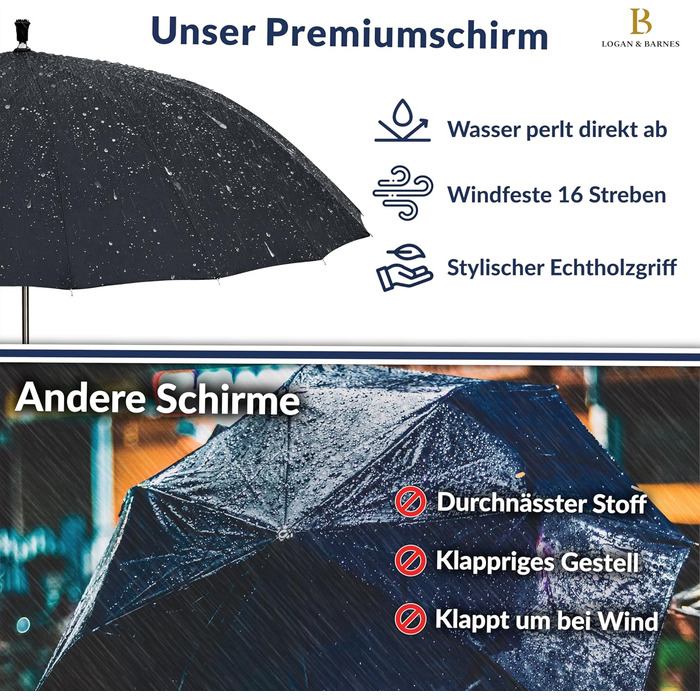 Edinburgh Windproof Umbrella - Large 16-Rib Black Umbrella with Wooden Handle & Silent Tip - LOGAN & BARNES