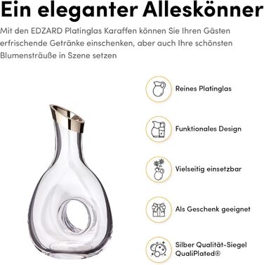 EDZARD Decanter Carafe Gordon, mouth-blown crystal glass with platinum rim, wine decanter for red wine, height 30 cm, capacity 1.2 liters
