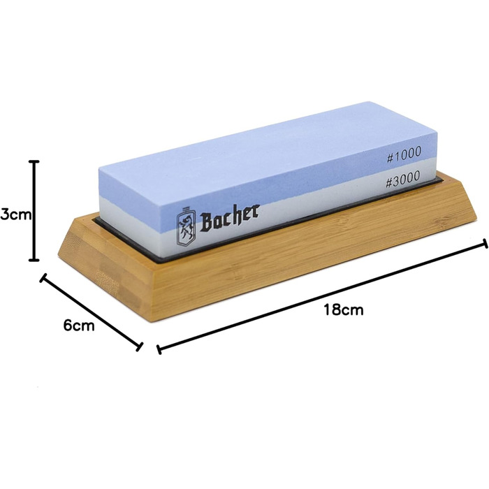 Преміум точильний камінь Bacher. Двобічний, зернистість 400/1000. Точило для ножів з антиковзним бамбуковим блоком, камінь для заточування, допоміжний інструмент для заточування та детальна інструкція у форматі eBook.