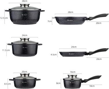 Набір каструль та сковорідок EliteHoff Induktion, 17 предметів, з антипригарним покриттям, для всіх типів плит, з кришками, з алюмінію, безпечний (PFOA-free), чорний (E-7030)