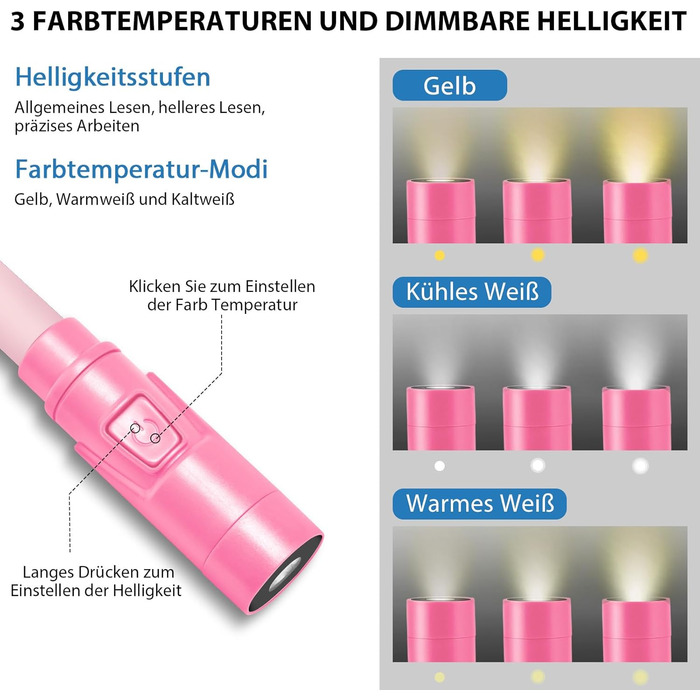 Ліхтар на шию LUXJET LED для читання, в'язання, ремонту – акумуляторний, 3 кольори, регульована яскравість (Рожевий)