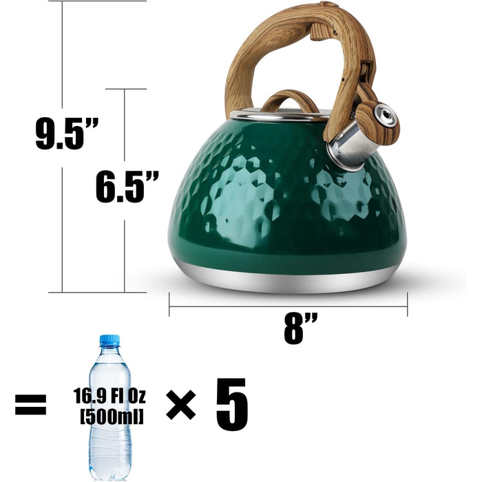 Чайник для заварювання чаю Toptier з дерев'яною ручкою, гучний свисток, нержавіюча сталь, чайник для великої родини, індукційна плита, діамантовий дизайн, 2.7 л (темно-зелений)