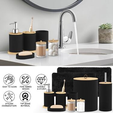 Набір аксесуарів для ванної кімнати PLIOW – 22 предмети: шторка для душу, відро для сміття, тримач для унітазної щітки, дозатор для мила. Стильний та функціональний декор для дому (Чорний, повний комплект + килимок для ванної)