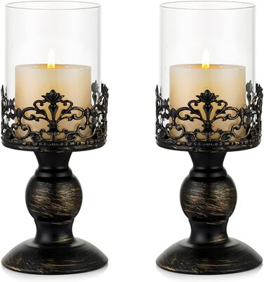 Sziqiqi Candle Holders Set Vintage Distressed Black Hurricane Candle Holders 2 Pieces, for Pillar Candles Wedding Party Home Decoration Fireplace Mantel Decoration 27cm & 33cm (2 Pieces Small, Black)