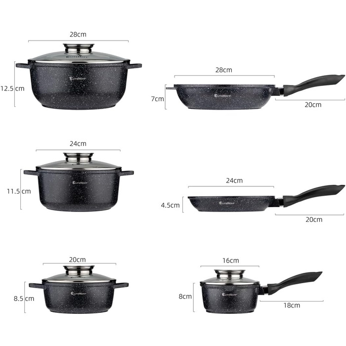 Набір каструль та сковорідок EliteHoff Induktion, 17 предметів, з антипригарним покриттям, для всіх типів плит, з кришками, з алюмінію, безпечний (PFOA-free), чорний (E-7030)