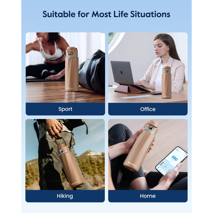 Розумна пляшка для води WATERH Boost з нагадуванням та трекером, 946 мл, нержавіюча сталь, подвійні стінки, широке горлечко, ідеальний подарунок (Mocha Mouse)