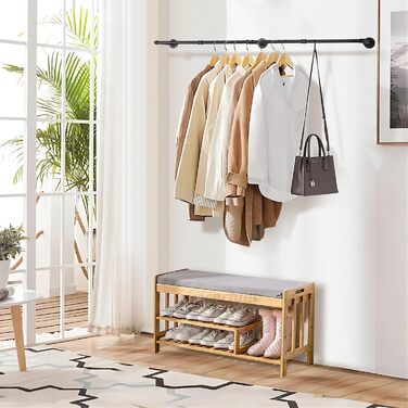 Yawinhe Industrial Pipe Clothes Rails, 180cm Clothes Rack for Wall, Space-Saving Wall Shelf Kitchen Shelf with 3 Bases, for Business, Black, 1-Pack, YMG004