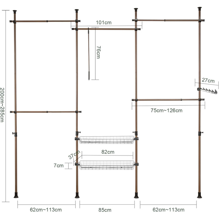 SoBuy KLS04-SCH Telescopic Clothing Rail with 5 Garment Rails and 2 Baskets Telescopic Wardrobe System Adjustable Shelf System B (209-311) x H (200-285) cm (Brown)