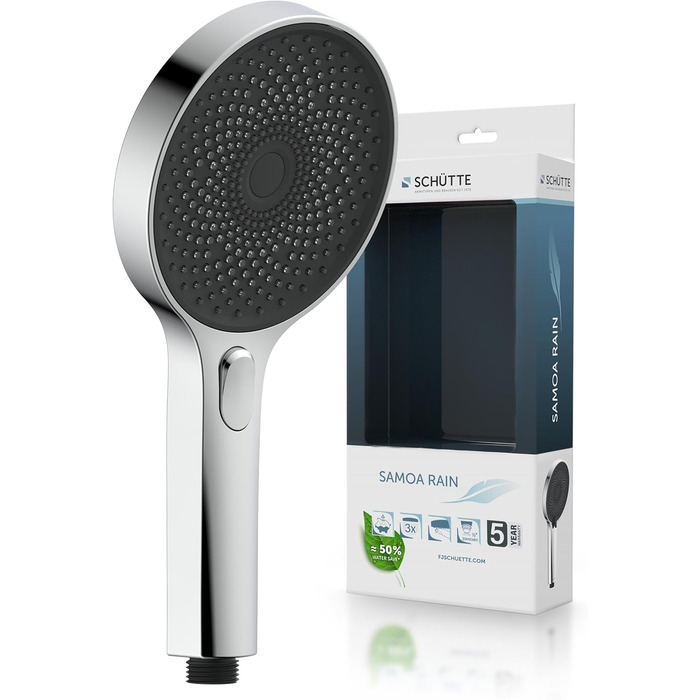 SCHÜTTE Handshower SAMOA RAIN | Jet Stream Technology | Showerhead with over 300 nozzles | 3 adjustable spray patterns | Anti-limescale showerhead for the shower | White (Chrome)
